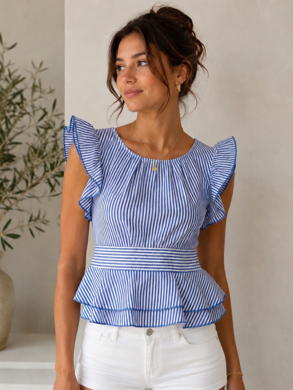 NEW! Beautiful Blouse Ruffle Shoulders Striped